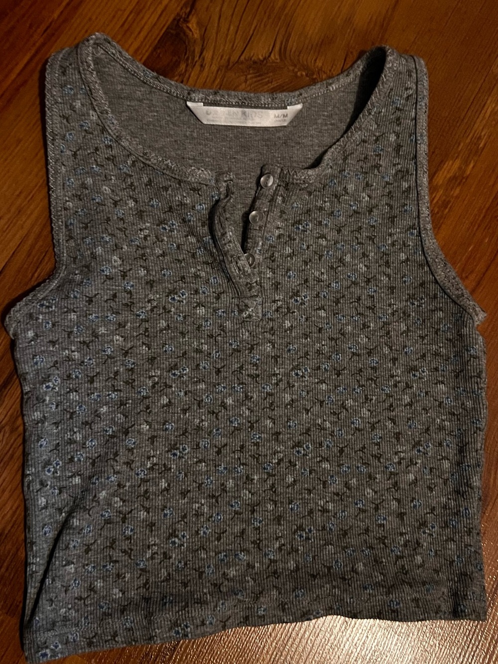 Women’s Grey Ribbed Henley Tank Top with Subtle Blue flowers